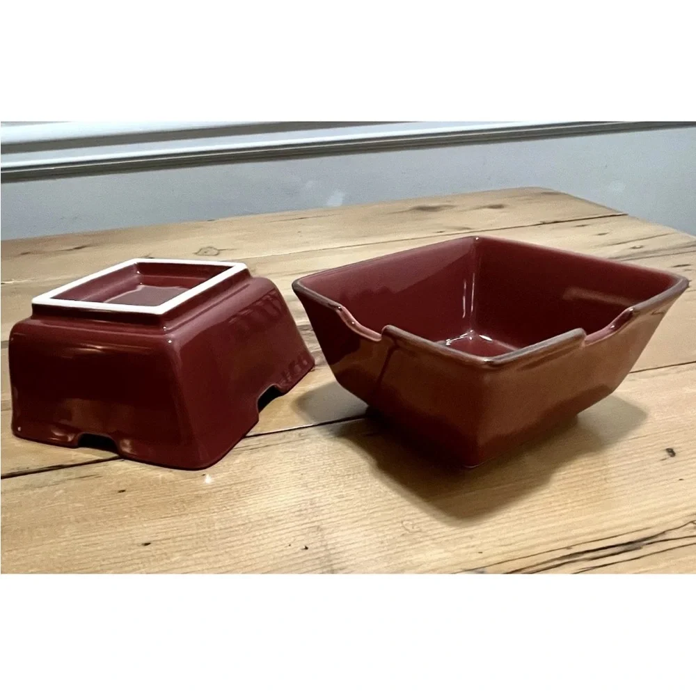 2 POTTERY BARN Asian Square Bowls Paprika ~ Chopstick Rests